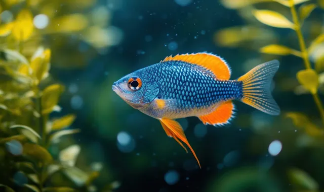 A blue and orange fish swims past submerged aquatic plants in clear, softly lit underwater water.