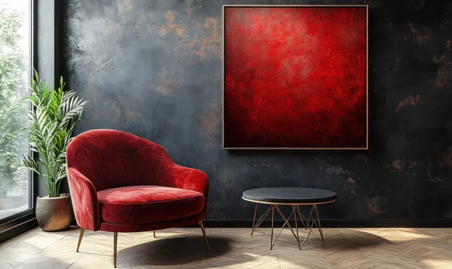 Burgundy armchair and round side table sit against a matte black wall with a red framed canvas above.