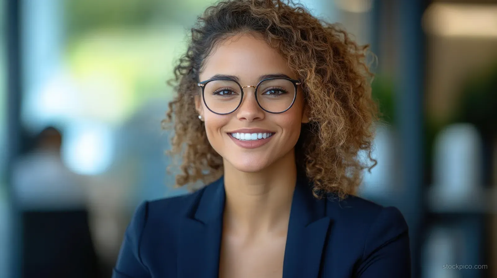A smiling woman with curly hair and glasses poses in a bright office hallway with soft background blur.