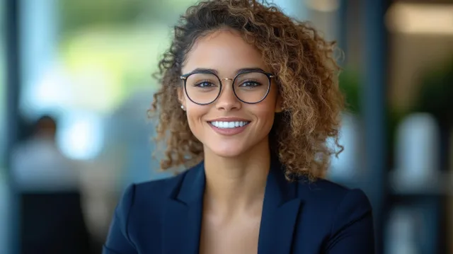 Smiling young woman with curly hair and glasses posing in a bright office hallway