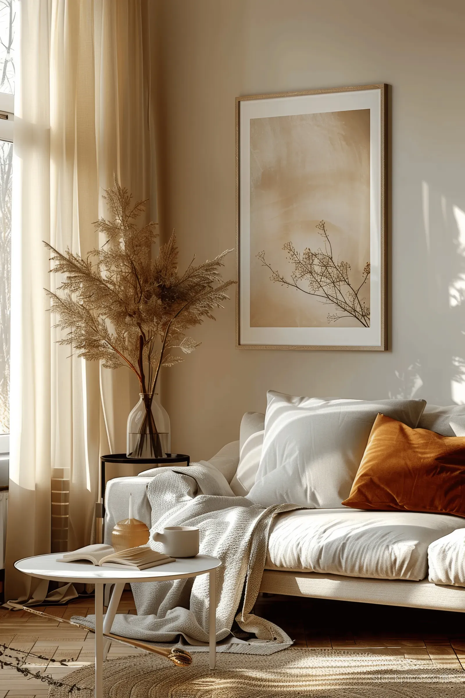 Sunlit Scandinavian living room showing a beige wall, fabric sofa, and blank framed poster mockup.