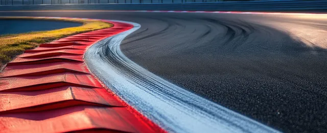 Empty race track corner with a red and white striped curb next to smooth asphalt under soft sunlight.