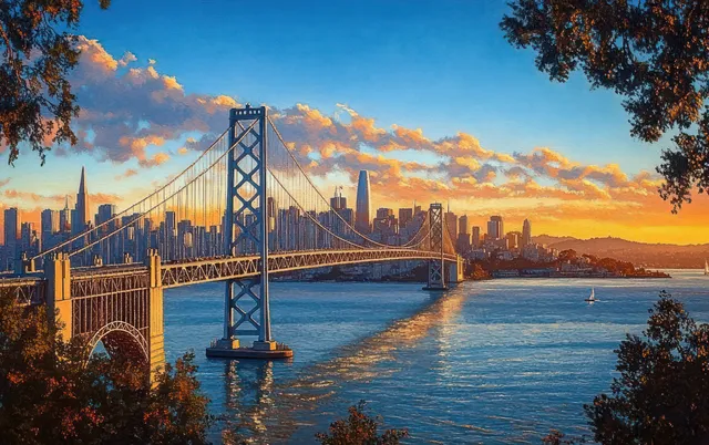 Golden hour suspension bridge over calm water with skyline and vivid sunset clouds