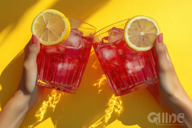 Two women’s hands clink red cocktails with lemon slices against vibrant yellow backdrop