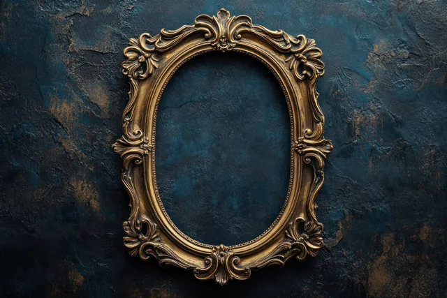 Empty ornate golden oval frame with floral scrollwork mounted on a textured dark blue wall.