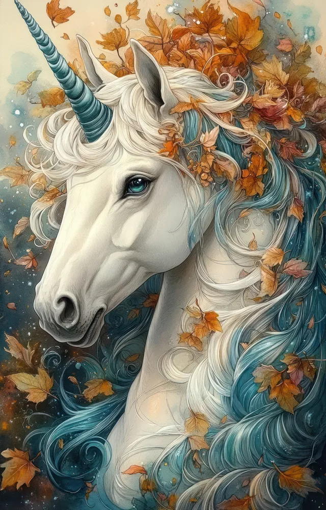 A white unicorn with a spiraled blue horn stands amid swirling autumn leaves and a dreamy blue mist backdrop.