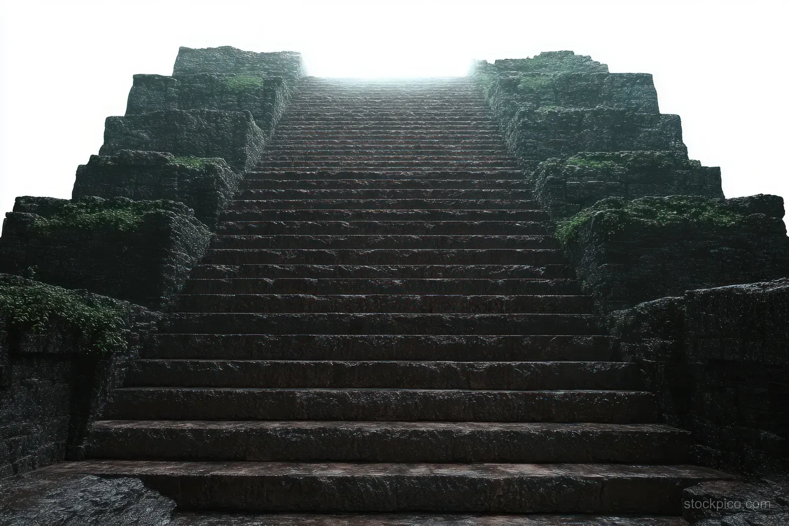 Moss-covered ancient stone staircase leading upward toward a bright light at the top.