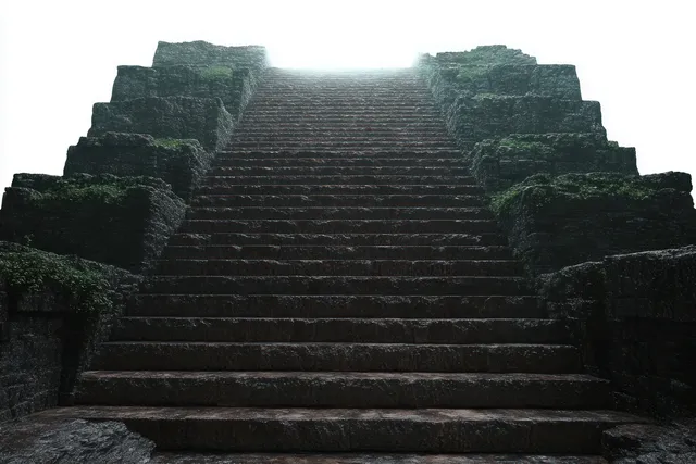Moss-covered ancient stone staircase leading upward toward a bright light at the top.