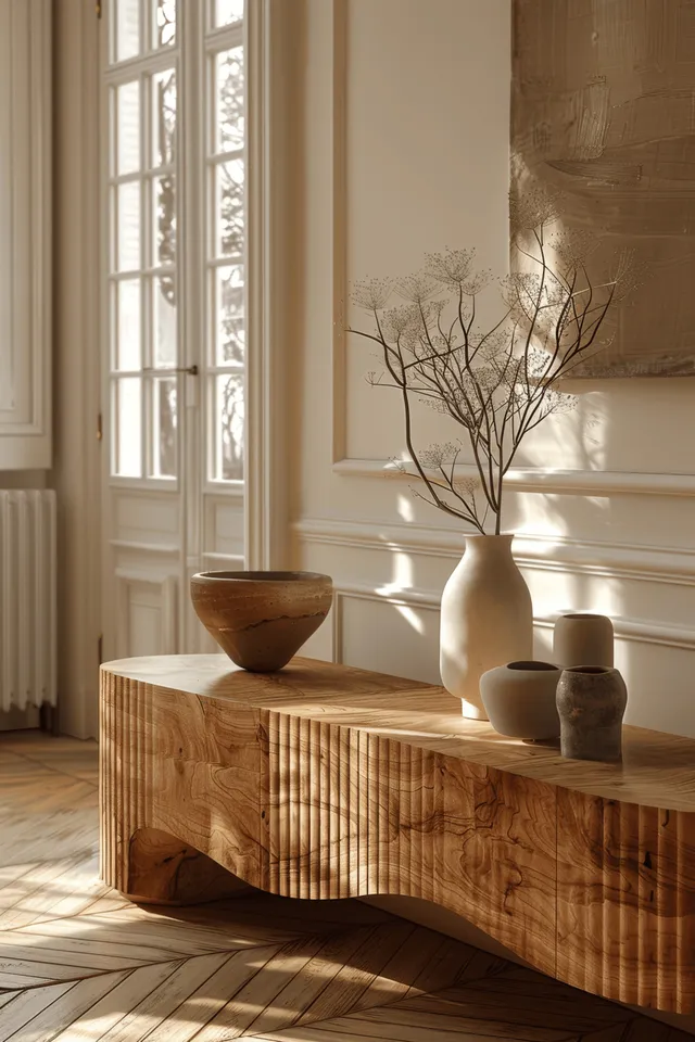 Minimalist wooden sideboard in airy interior with window light and parquet floor