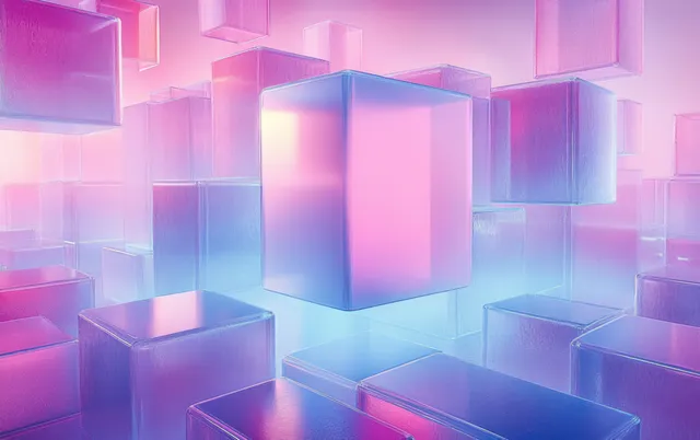Translucent cubes float in a pink blue gradient abstract geometric space