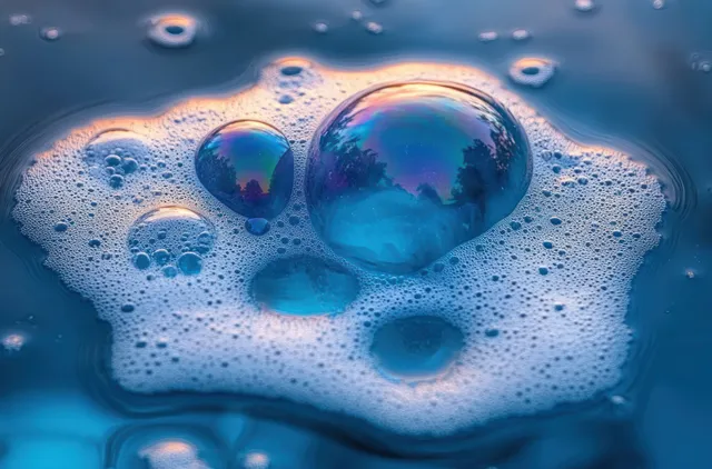 Iridescent soap bubbles float on a blue water surface with foamy foam and shimmering light reflections.
