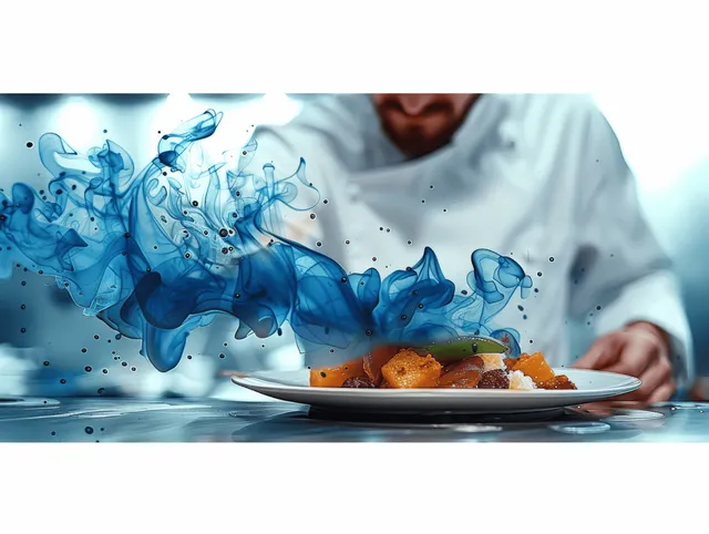 A chef plates a gourmet dish on a plate while blue splash effects surround the food.