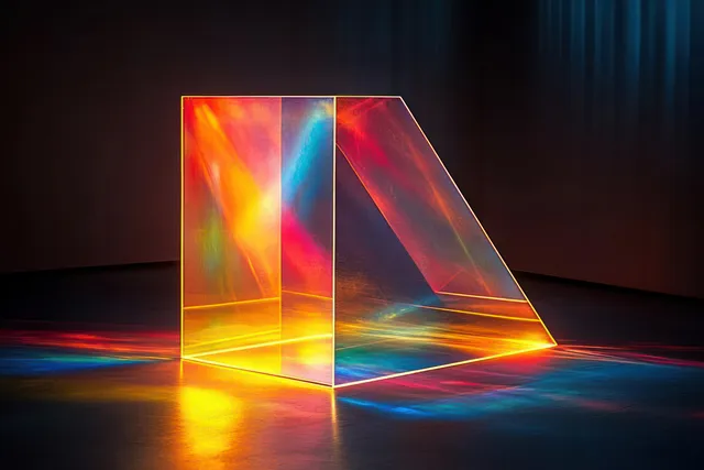 Neon glass prism sculpture refracts light into colorful spectrum rays on dark floor