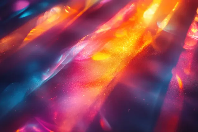 Iridescent rainbow light streaks and lens flare glow sweep across a dark abstract background.