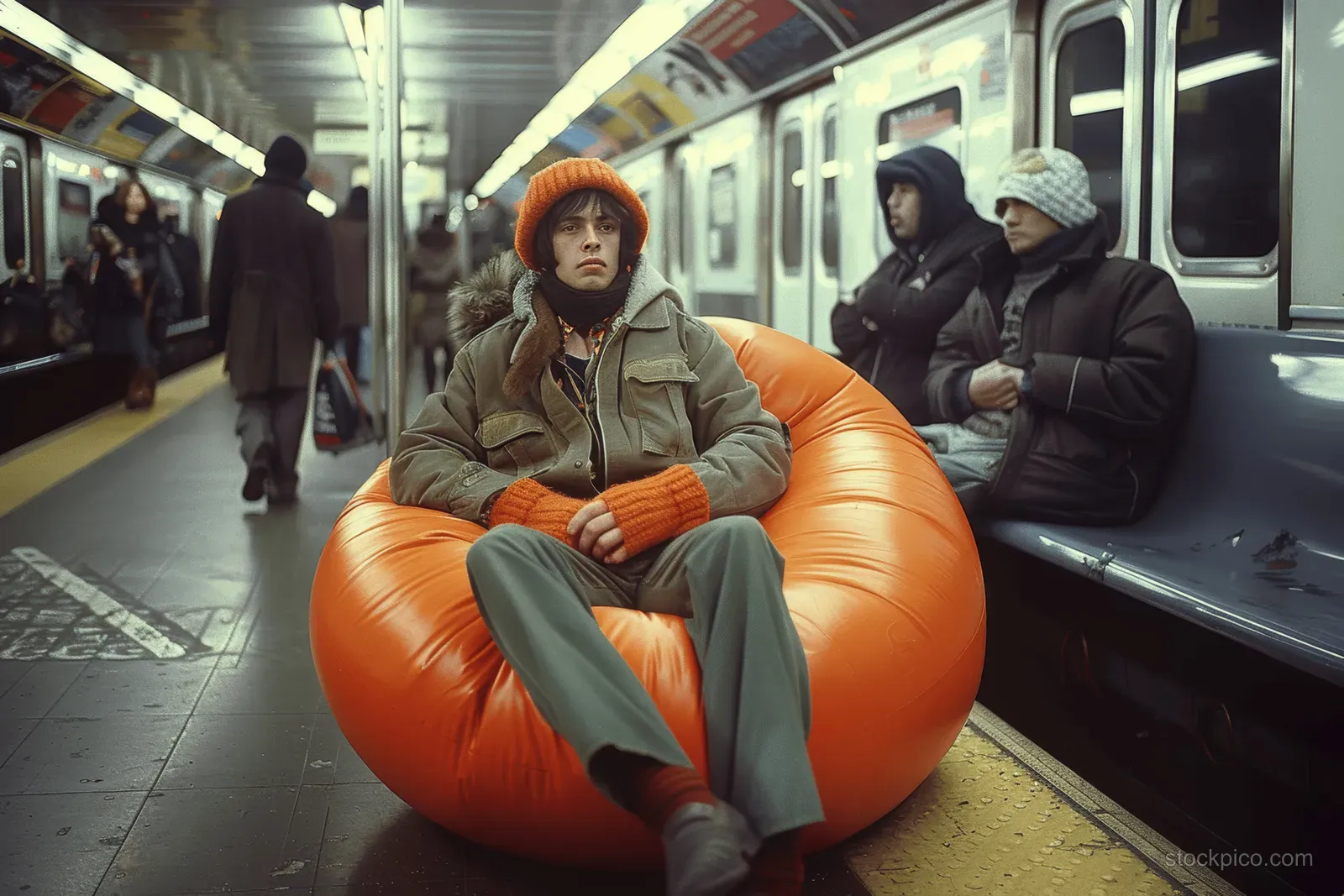 Orange-clad commuter reclines on an inflatable bean bag chair beside a subway car at a station platform.