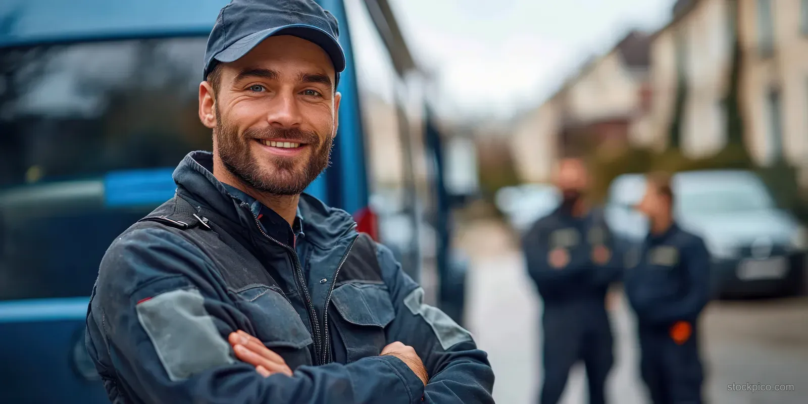 Smiling delivery worker in a cap stands with arms crossed beside a blue van on a city street while coworkers blur behind him.