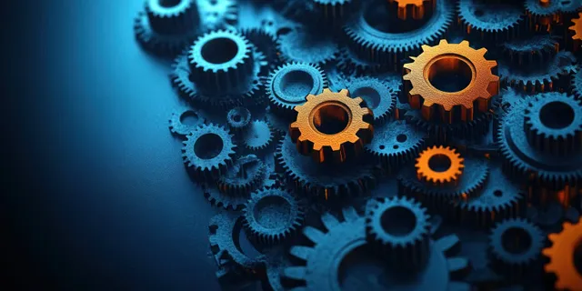 Interconnected metal gears in blue and orange light forming a dense mechanical pattern.