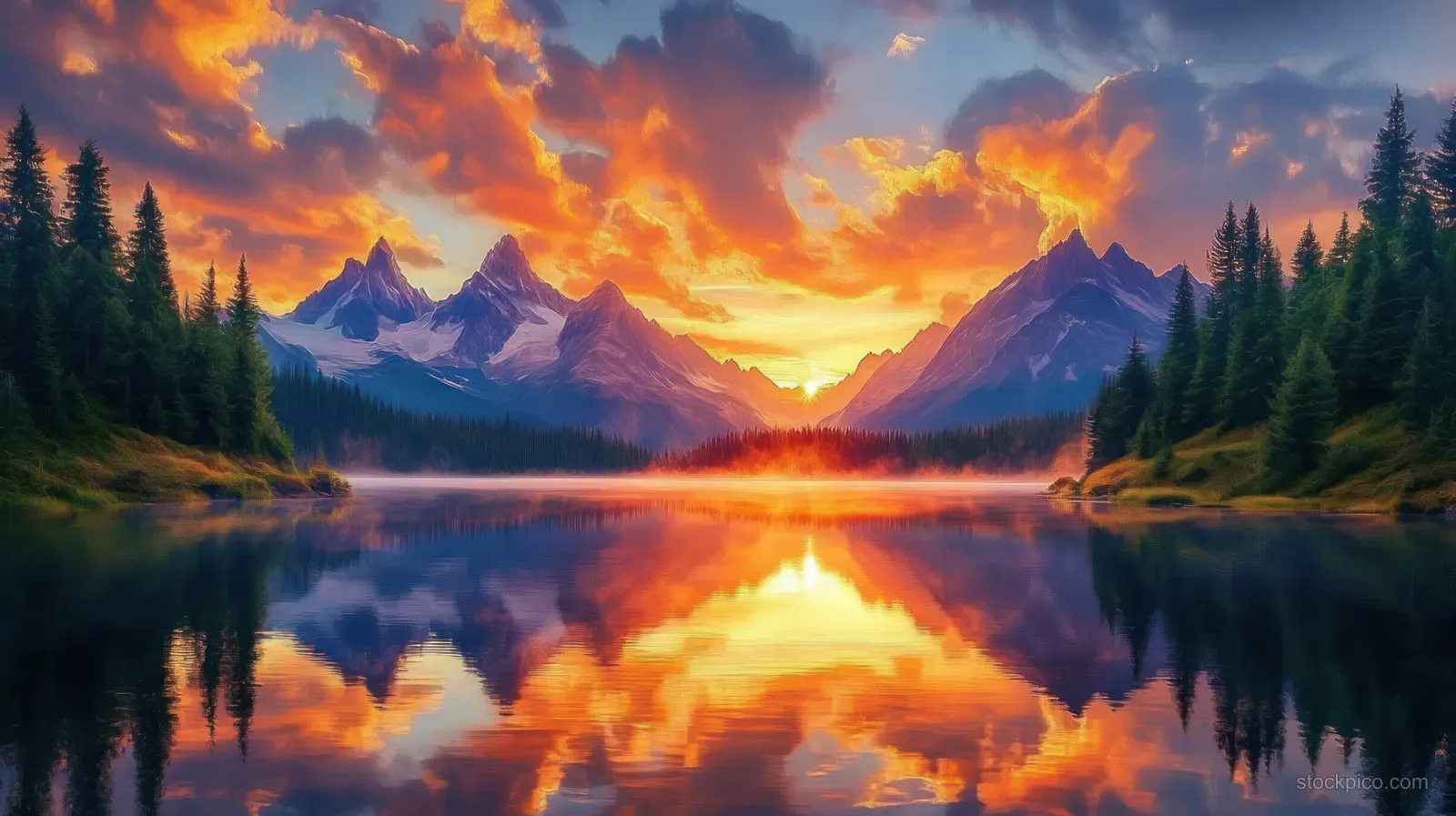 Mountain lake reflects an orange and purple sunset sky with pine trees and snow-capped peaks under dramatic clouds.