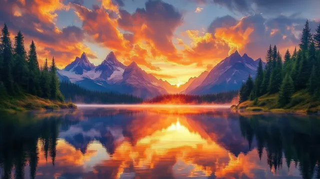 Sunset over mountain lake, orange and purple sky reflecting across calm water