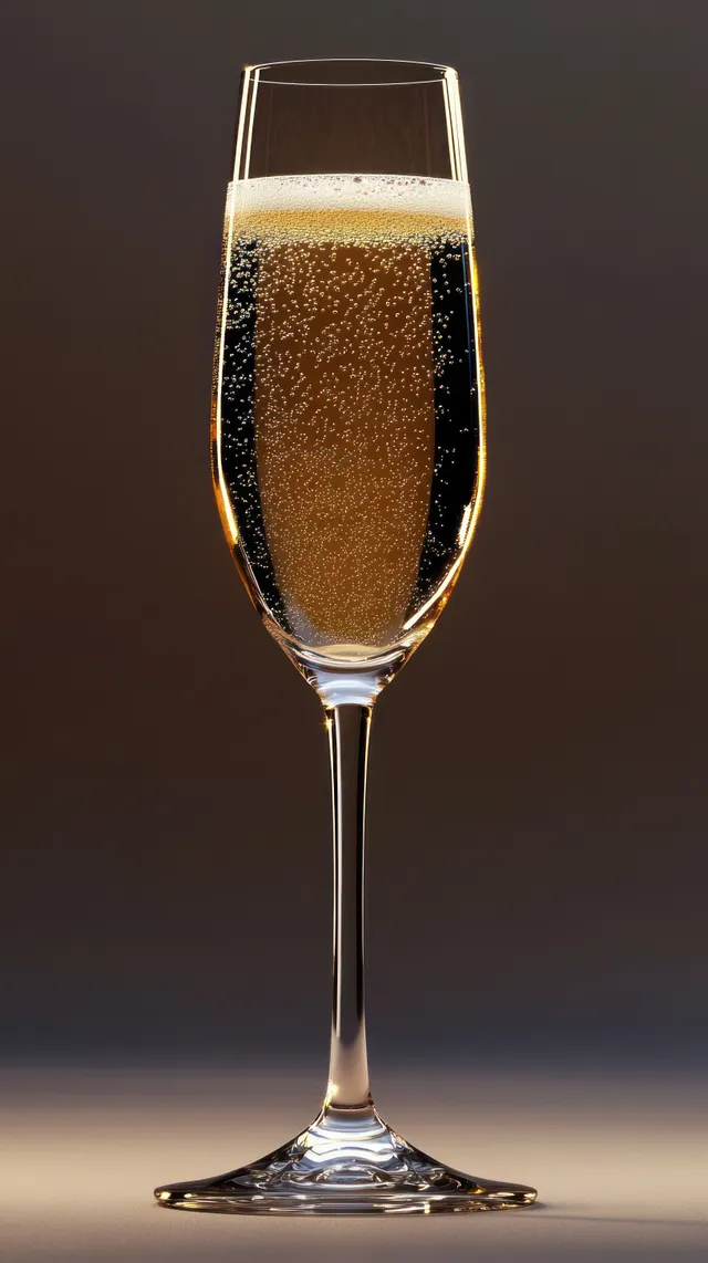 A champagne flute filled with sparkling golden bubbles rises against a dark gradient background.