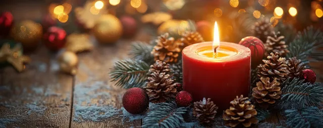 A glowing red advent candle sits among pine cones and evergreen branches on a rustic winter table.