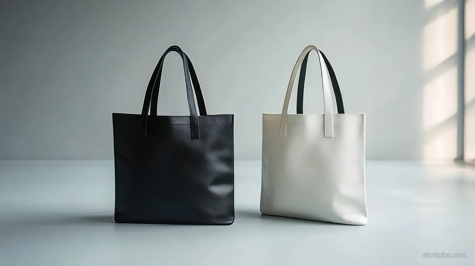 Black and white canvas tote bags with handles standing on an indoor floor in soft daylight.