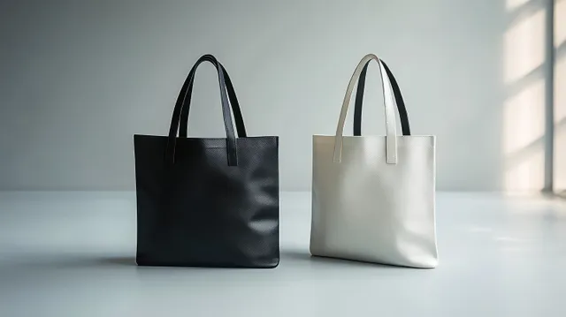 Black and white canvas tote bags with handles standing on an indoor floor in soft daylight.