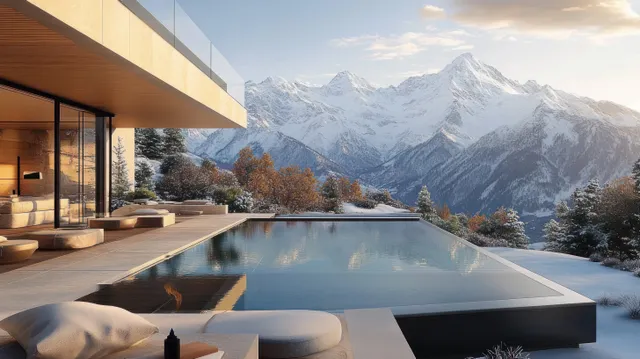Infinity pool on a modern house terrace reflecting snow-capped mountains and autumn trees in daylight.