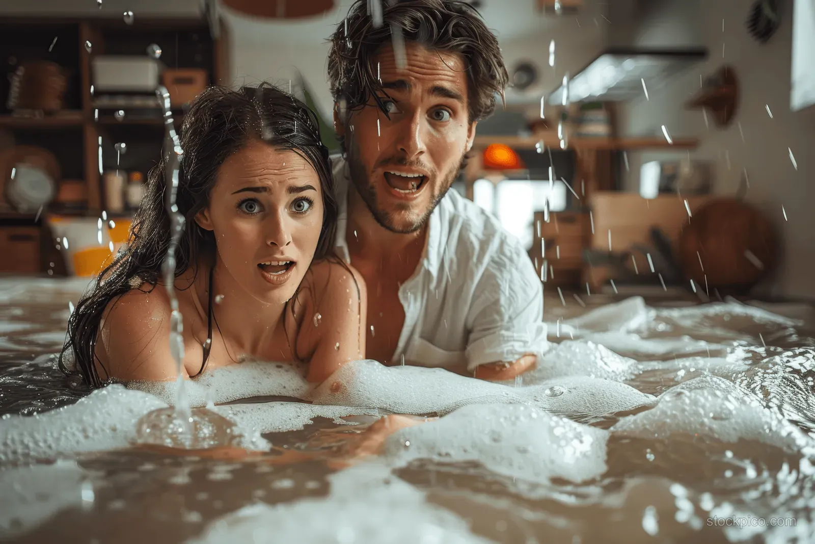 A surprised young couple sits in a flooded living room with water pouring from a leaking ceiling overhead.