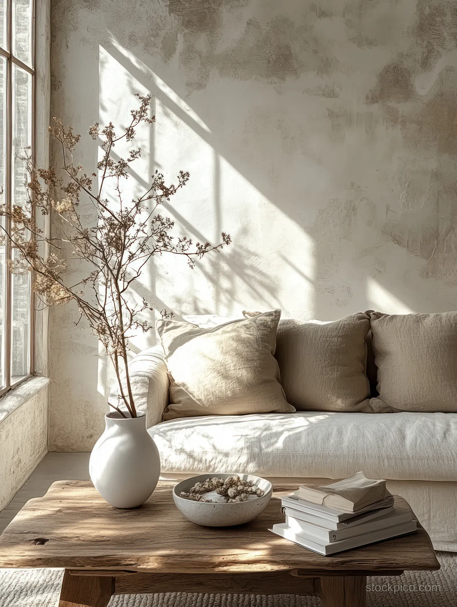 A serene minimalist living room with a beige sofa, wooden coffee table, and dried flowers illuminated by soft natural sunlight.