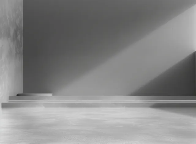 Minimalist empty concrete room with stepped platform and soft natural light shadows