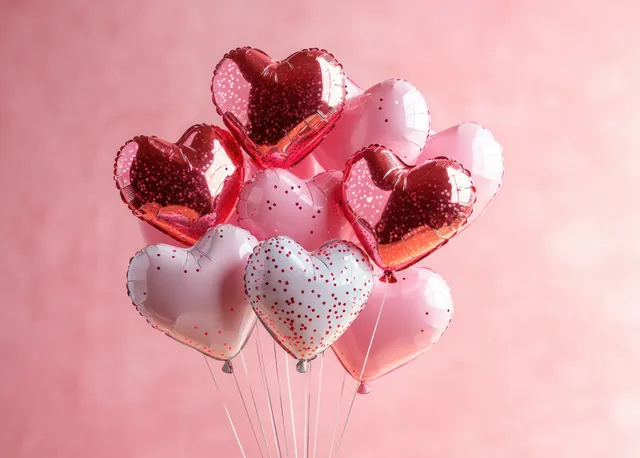 Heart-shaped red and pink balloons with glitter confetti float on strings against a soft pink background.