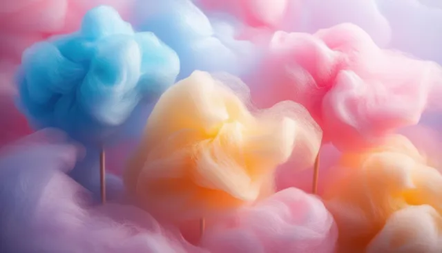 Close-up cotton candy clouds in blue pink yellow and orange with soft dreamy glow
