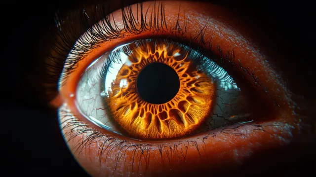Extreme close-up of a human eye with a fiery orange iris, sharp eyelashes, and detailed skin texture.