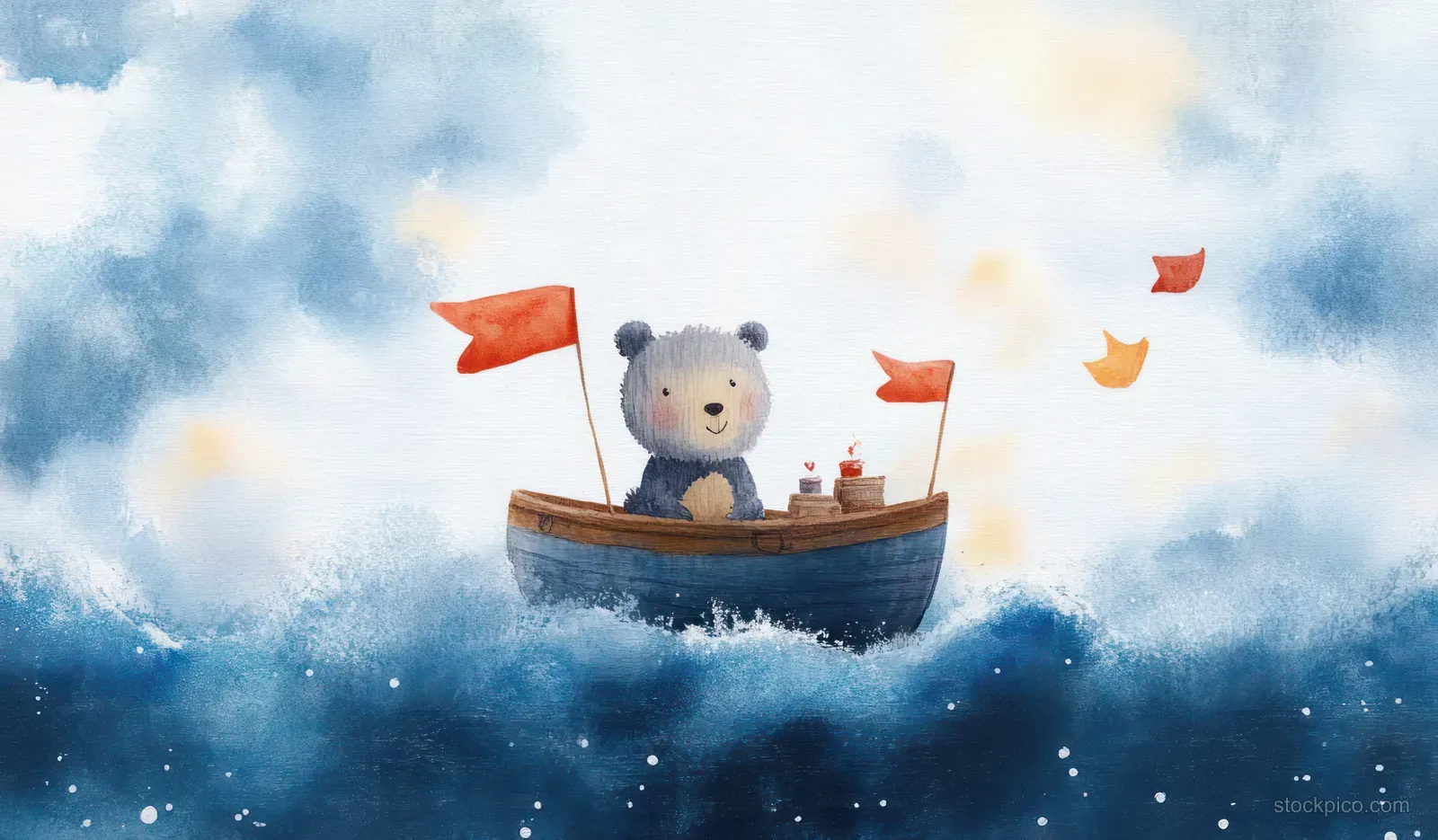 A cheerful teddy bear sails on a small boat amidst blue waves and bright flags under a playful maritime sky.