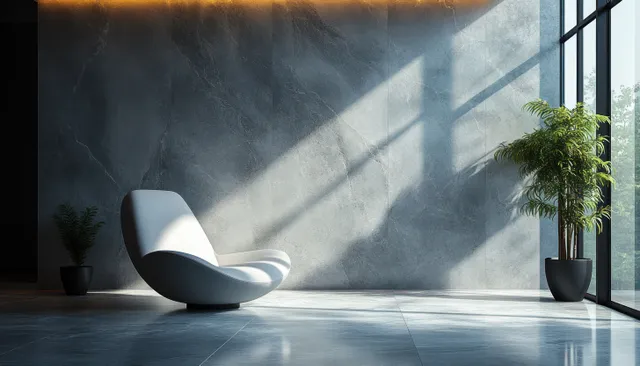 Minimalist stainless kitchen counter with soft ambient glow, empty countertop, subtle shadow detail