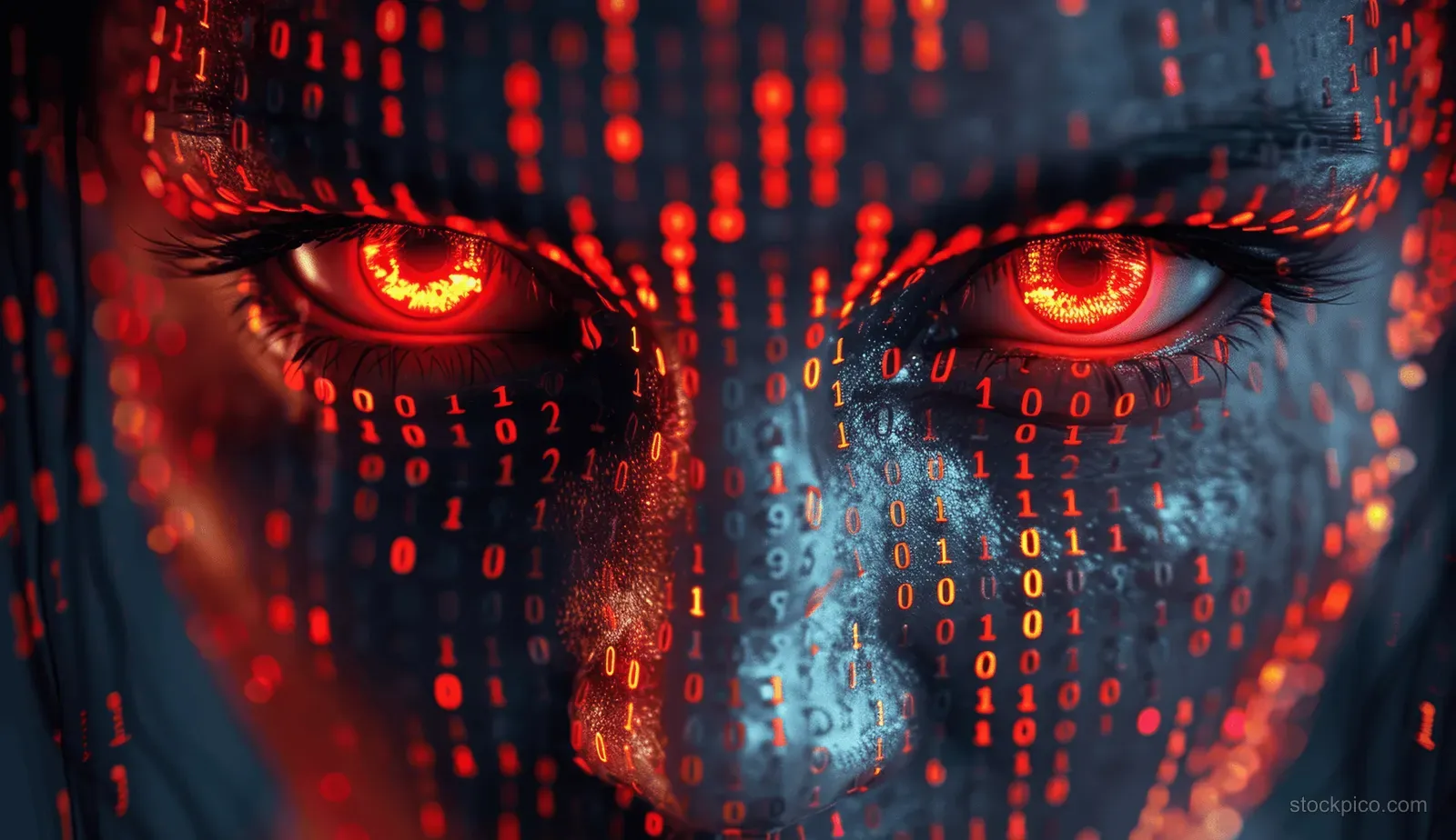 Close-up AI face with red glowing eyes surrounded by cascading binary code on a dark cyberpunk backdrop.