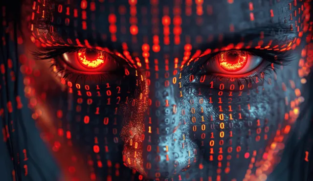 Cyberpunk AI face with red glowing eyes emerging through binary code
