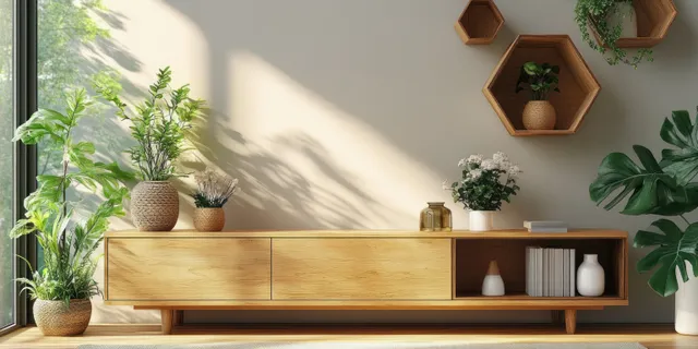 Sunlit wooden sideboard on a minimalist wall with potted plants, candles, and geometric hanging planters.