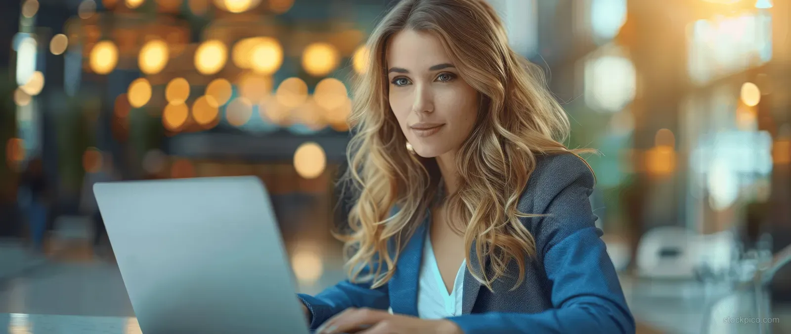 Businesswoman typing on a laptop at a white desk while pointing upward toward online icons.