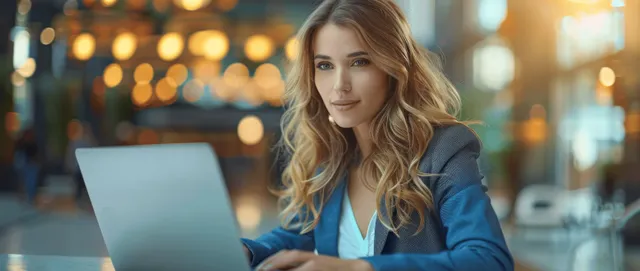 Businesswoman typing on a laptop at a white desk while pointing upward toward online icons.