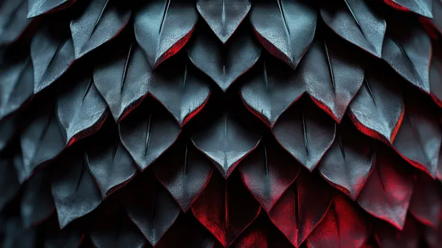 Close-up layered leaf-shaped metal scales with red reflections forming a repeating textured pattern
