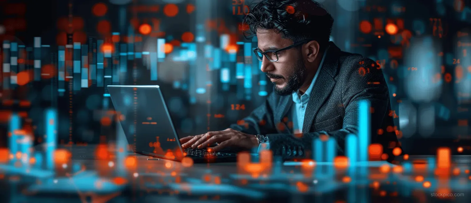 A financial analyst studies stock charts on a laptop with glowing market data and candlestick overlays.
