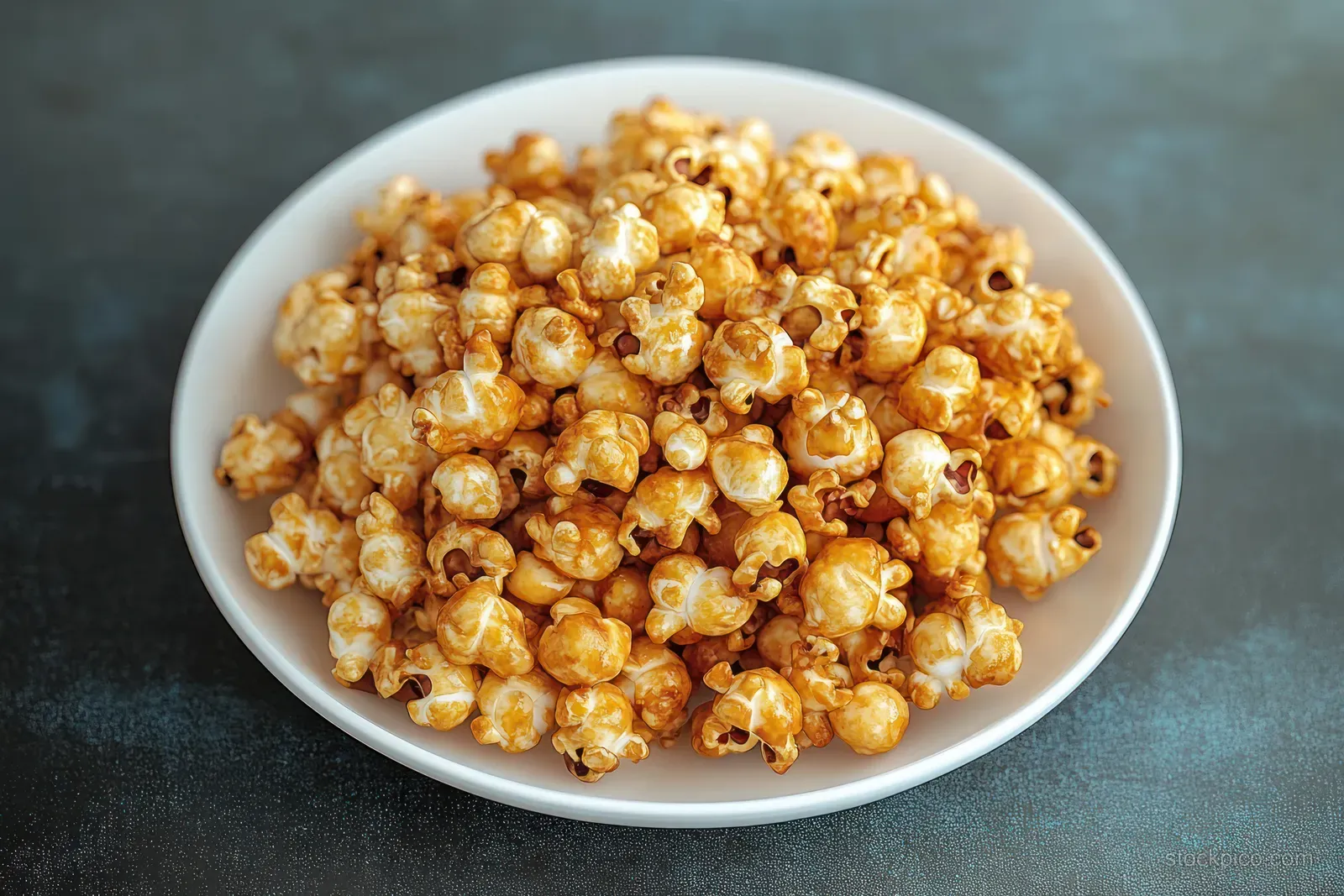 Caramel-coated popcorn overflowing from a white bowl on a dark textured surface.
