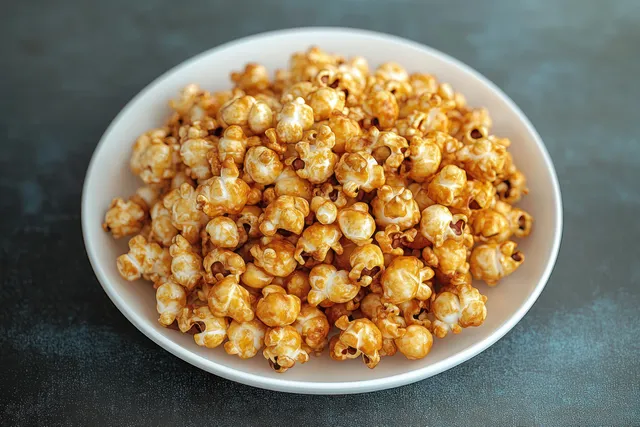 Caramel-coated popcorn overflowing from a white bowl on a dark textured surface.