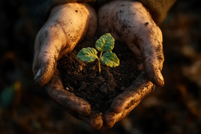 Gloved farmer hands placing tiny seedlings into dark nutrient-rich soil in farmland