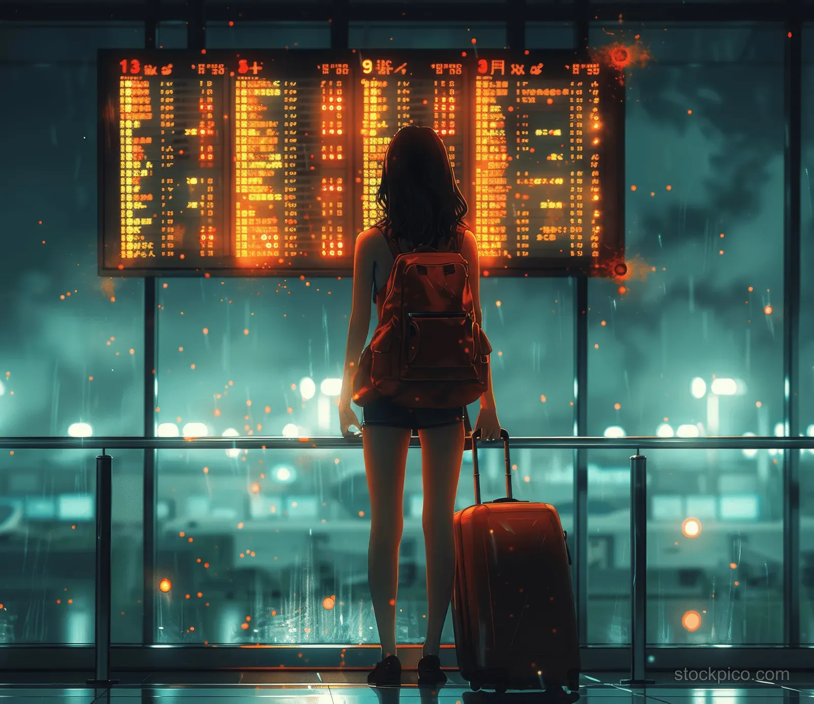 Silhouetted young woman stands with a suitcase in front of a glowing flight information board at an airport gate.