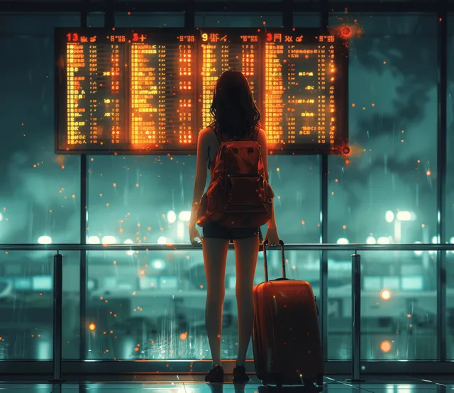 Silhouetted young woman stands with a suitcase in front of a glowing flight information board at an airport gate.