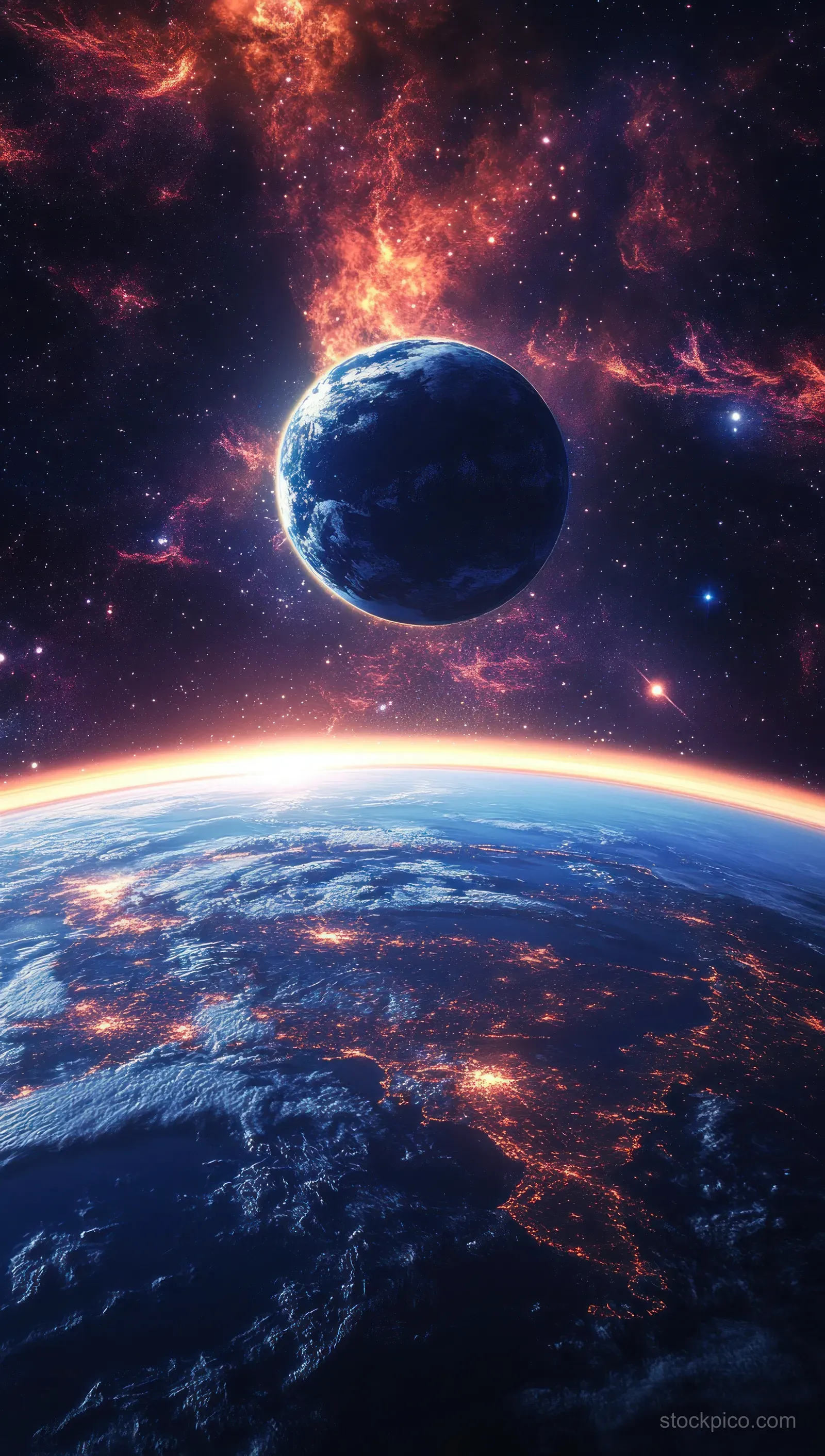 Earth’s glowing land and clouds appear below a dark blue planet amid a fiery nebula and starry sky.