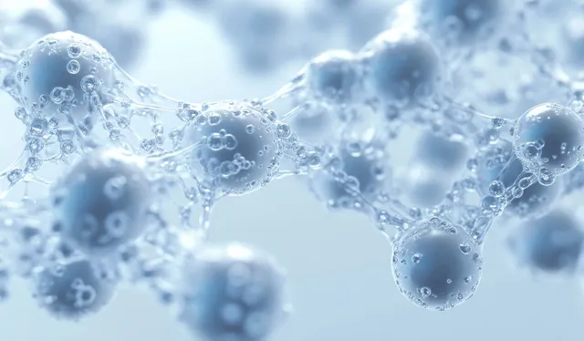 Translucent spheres and bubbles connected in a molecular structure on a soft blue background.
